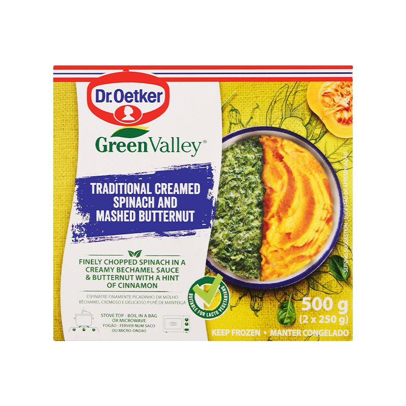 Read more about the article Dr. Oetker Green Valley Creamy Spinach in Béchamel Sauce and Butternut with Cinnamon Combo Pack (2x250g boil on bags)